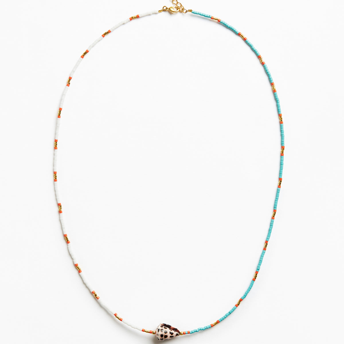 A delicate beaded necklace with turquoise blue and white beads, accented with small orange beads, featuring a central conch shell charm and a gold clasp, shown on a plain white background.