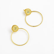 A pair of gold hoop earrings with oval gold studs featuring a scalloped border and small blue and green enamel details, shown on a clean white background.