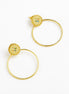 A pair of gold hoop earrings with oval gold studs featuring a scalloped border and small blue and green enamel details, shown on a clean white background.