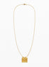 A delicate gold chain necklace featuring a small, textured square pendant, displayed against a clean white background.