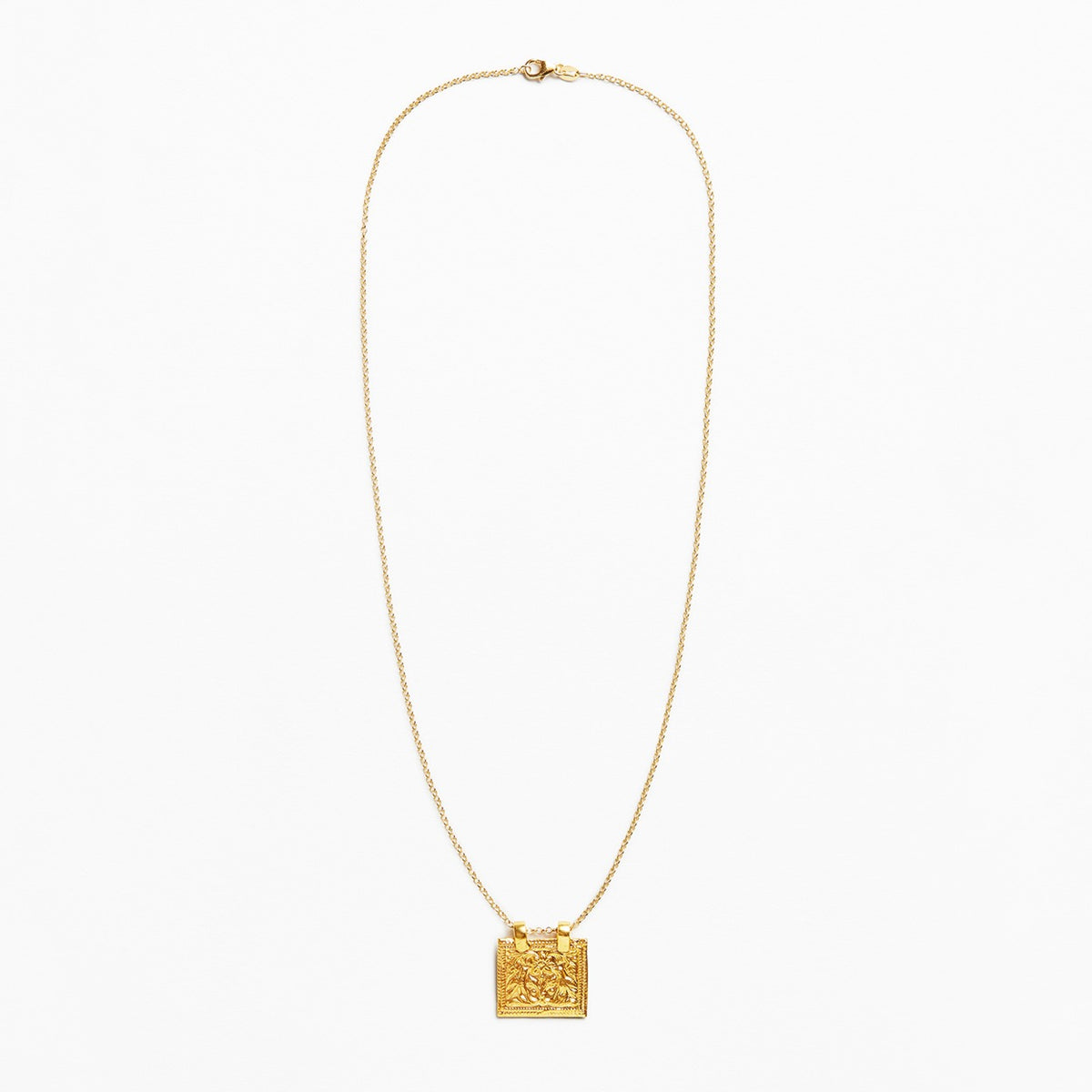A delicate gold chain necklace featuring a small, textured square pendant, displayed against a clean white background.