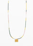 A delicate beaded necklace with a textured gold square pendant, featuring small beads in yellow, green, pink, and white, displayed against a clean white background.