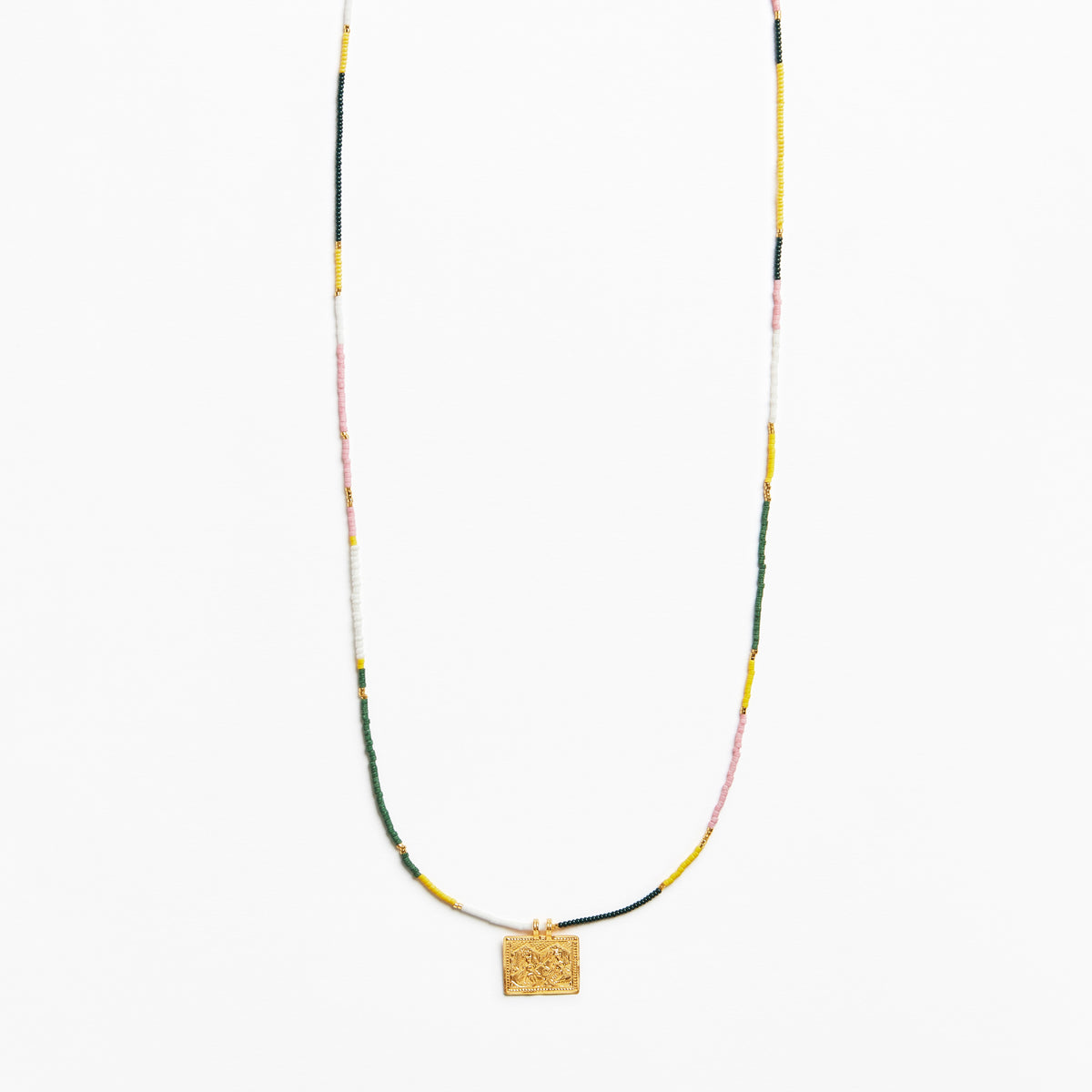A delicate beaded necklace with a textured gold square pendant, featuring small beads in yellow, green, pink, and white, displayed against a clean white background.