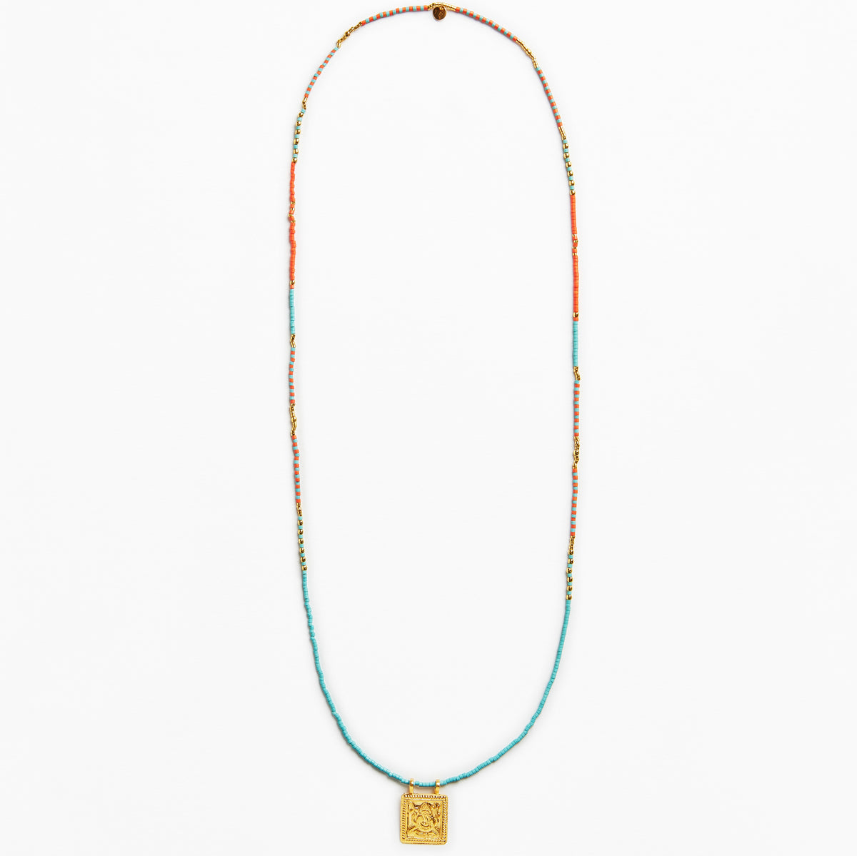 A long beaded necklace featuring turquoise blue, orange, and gold beads, with a square gold pendant at the bottom, displayed against a plain white background.