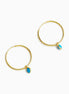 A pair of gold hoop earrings, each adorned with a small teardrop-shaped turquoise stone, displayed on a clean white background.