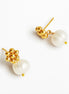 A pair of gold and pearl drop earrings on a clean white background. Each earring features a cluster of polished gold beads at the top and a large, irregular white freshwater pearl hanging below, secured with a tiny gold bead accent.