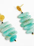 A pair of gold and turquoise drop earrings on a clean white background. Each earring features a textured gold post with a small black bead, followed by a cluster of elongated, rounded turquoise-blue beads.