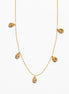 A delicate gold chain necklace featuring five small teardrop-shaped pendants, each decorated with tiny black and yellow inlay details, set against a plain white background.